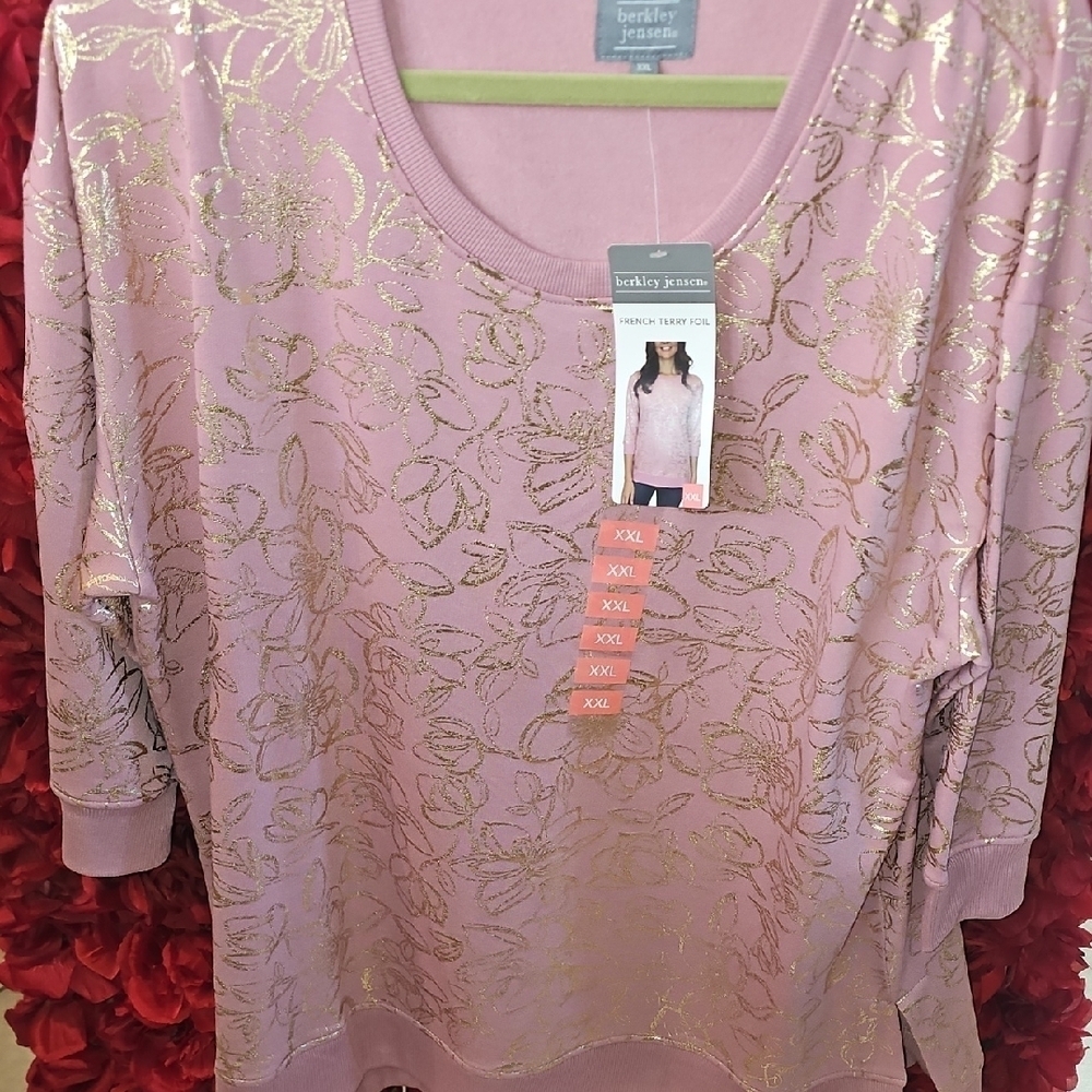 Berkley Jensen NWT Women's Pink With Gold Flowers Sweatshirt ¾ Sleeve Size XXL
